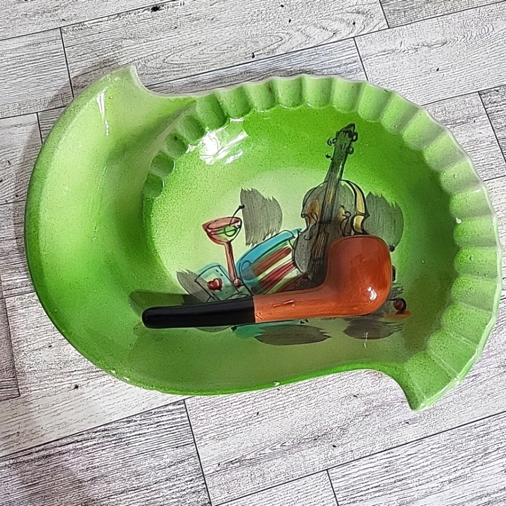 Vintage Lime Green Painted Ceramic Pipe Ash‎ Tray Martini Glass Violin Tobacco